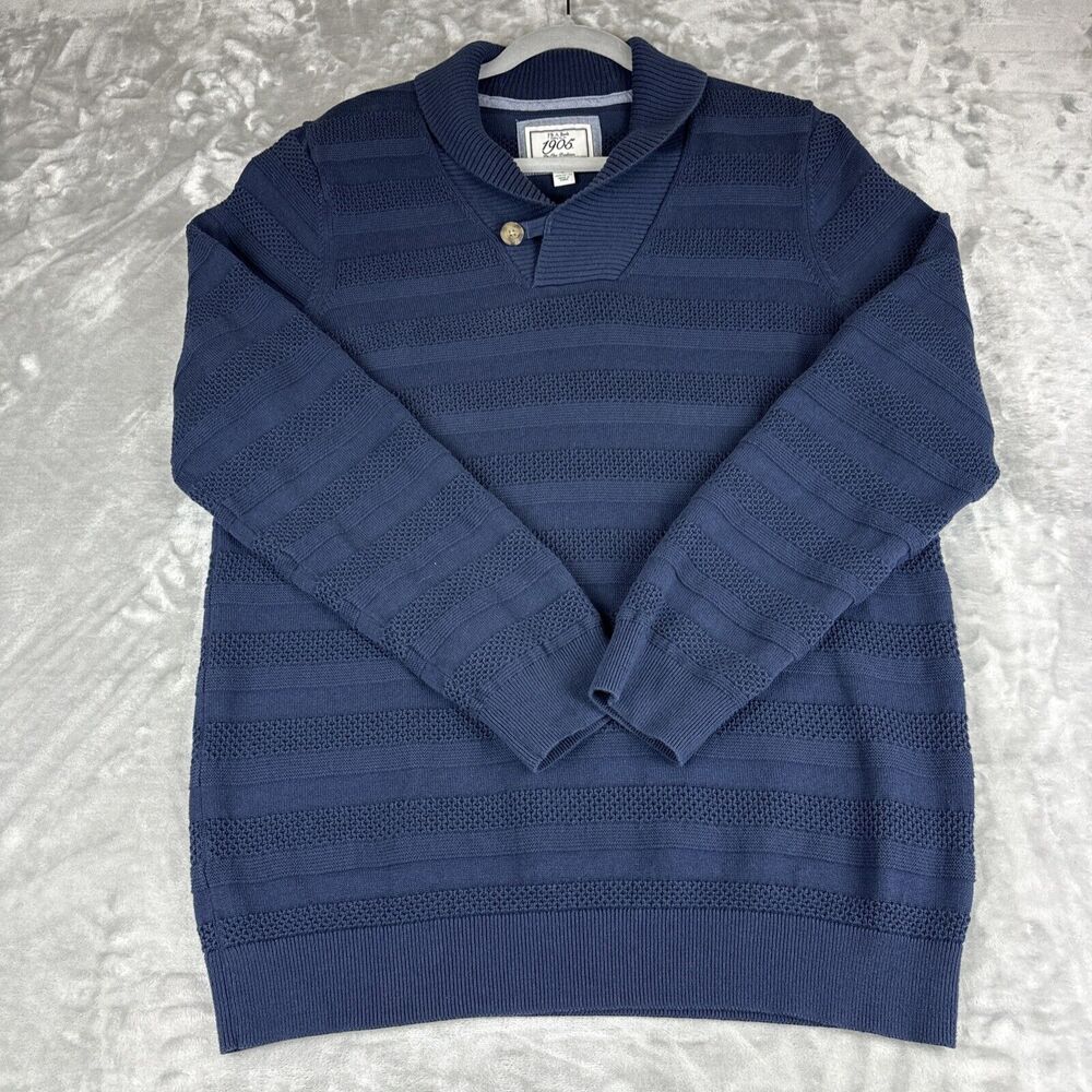Jos A Banks Slim Fit Cowl Neck Sweater Mens Large Navy 100% Cotton Stripe (0909)